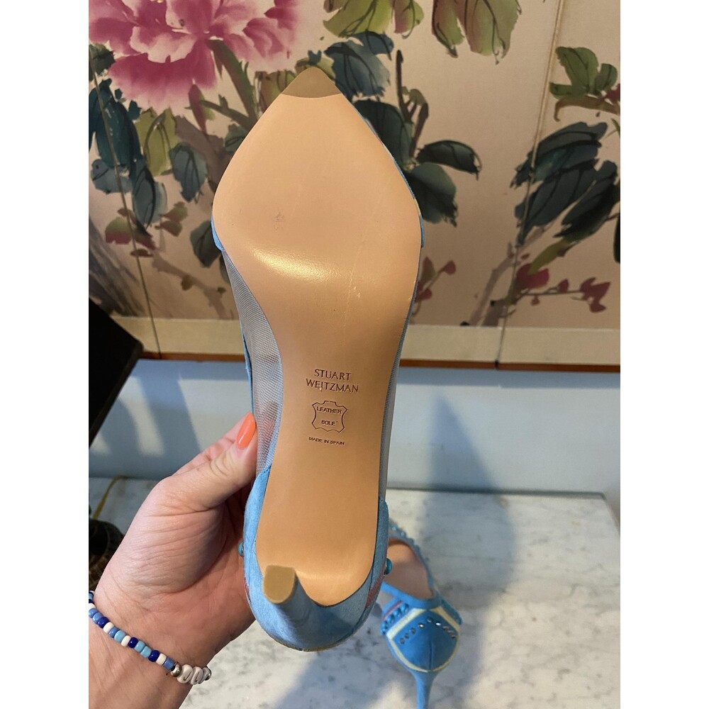 Stuart Weitzman Cotton Candy Heels Womens Size 9 Blue Studded Mesh Pointed Toe - Picture 5 of 6